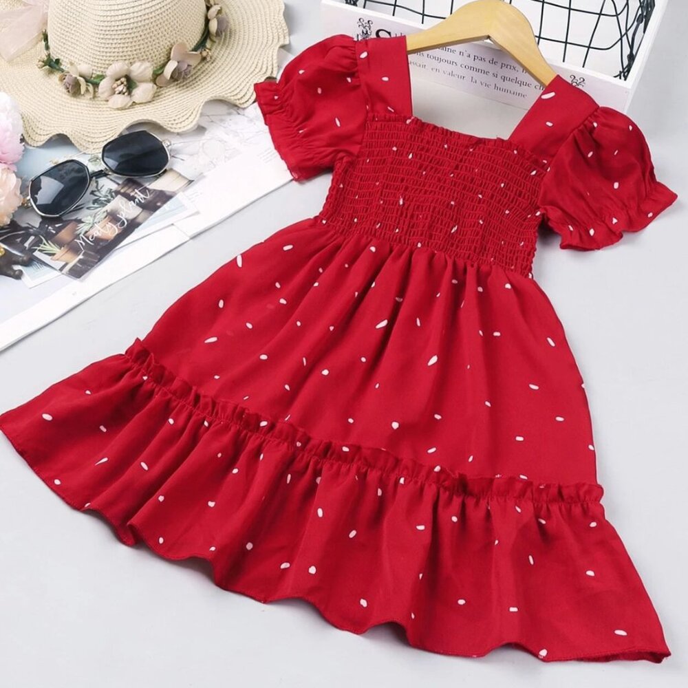 Girl Dalmatian Print Ruffle Hem Shirred Dress 5/6